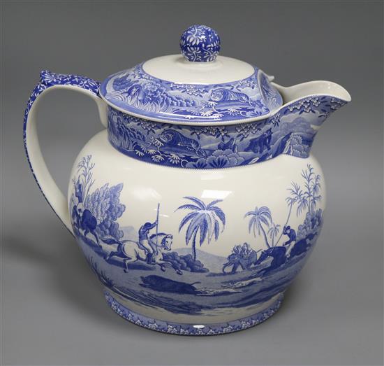 A Staffordshire blue and white lidded jug, bearing a fake Spode mark height 29cm